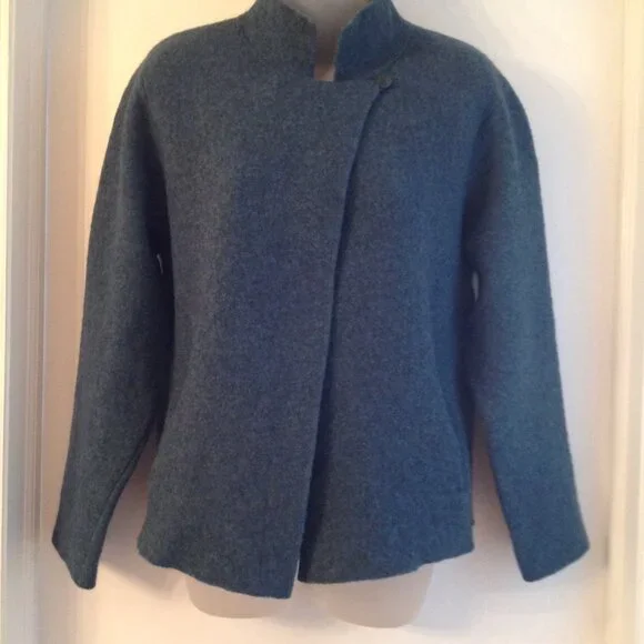 Eileen Fisher Boiled Wool Hi Neck Asymmetrical Cropped Blazer Jacket M - Picture 3 of 9